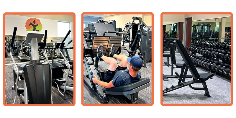 Cardio and strength training equipment row at Courtside Fitness League City gym