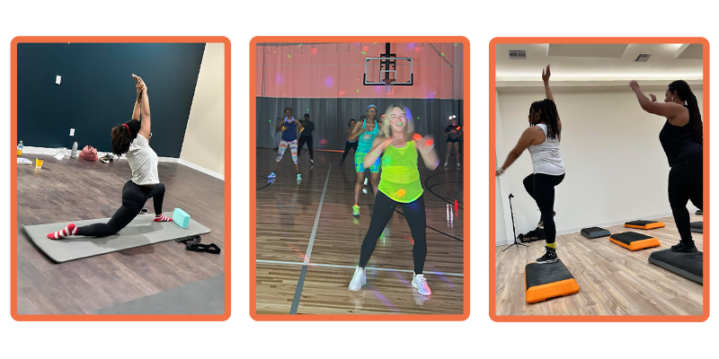 Group fitness classes with childcare in League City gym — yoga, spin, HIIT, and Zumba