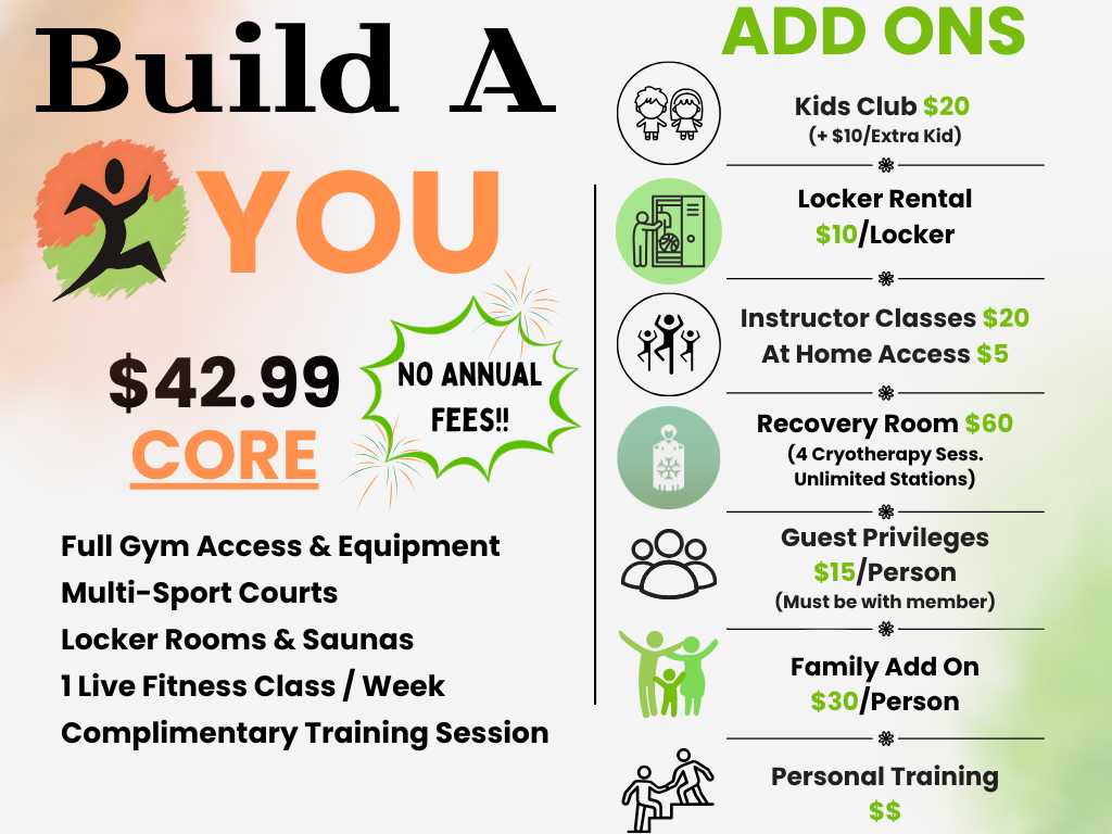 IMG_1273 Courtside Fitness - League City, TX. Build A You at Courtside Fitness with $42.99 core plan. Includes full access to gym, sport courts, locker rooms & saunas, 1 fitness class a week and a free training session. Add-ons available to personalize your plan to fit your goals. With kids care, recovery, group fitness classes, training, and more!